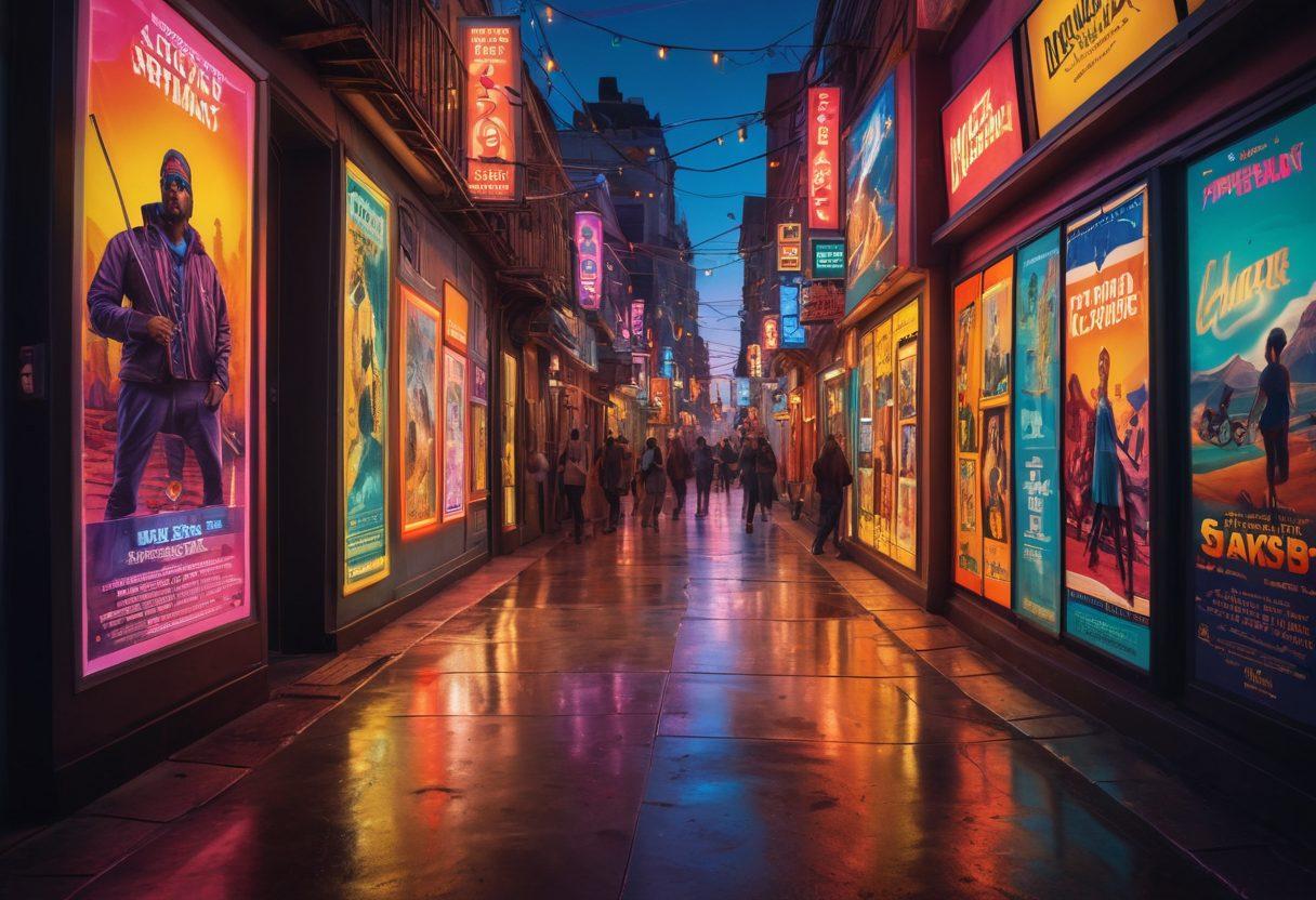 A cinematic landscape featuring a winding film reel resembling a pathway through a vibrant film set, showcasing iconic scenes from various genres, filled with colorful movie posters in the background. Include a diverse group of people actively engaged in discussions and streaming on devices, reflecting insights and critiques about films. Bright, engaging colors, and a dynamic composition to convey a sense of exploration and excitement. super-realistic. vibrant colors. dramatic lighting.