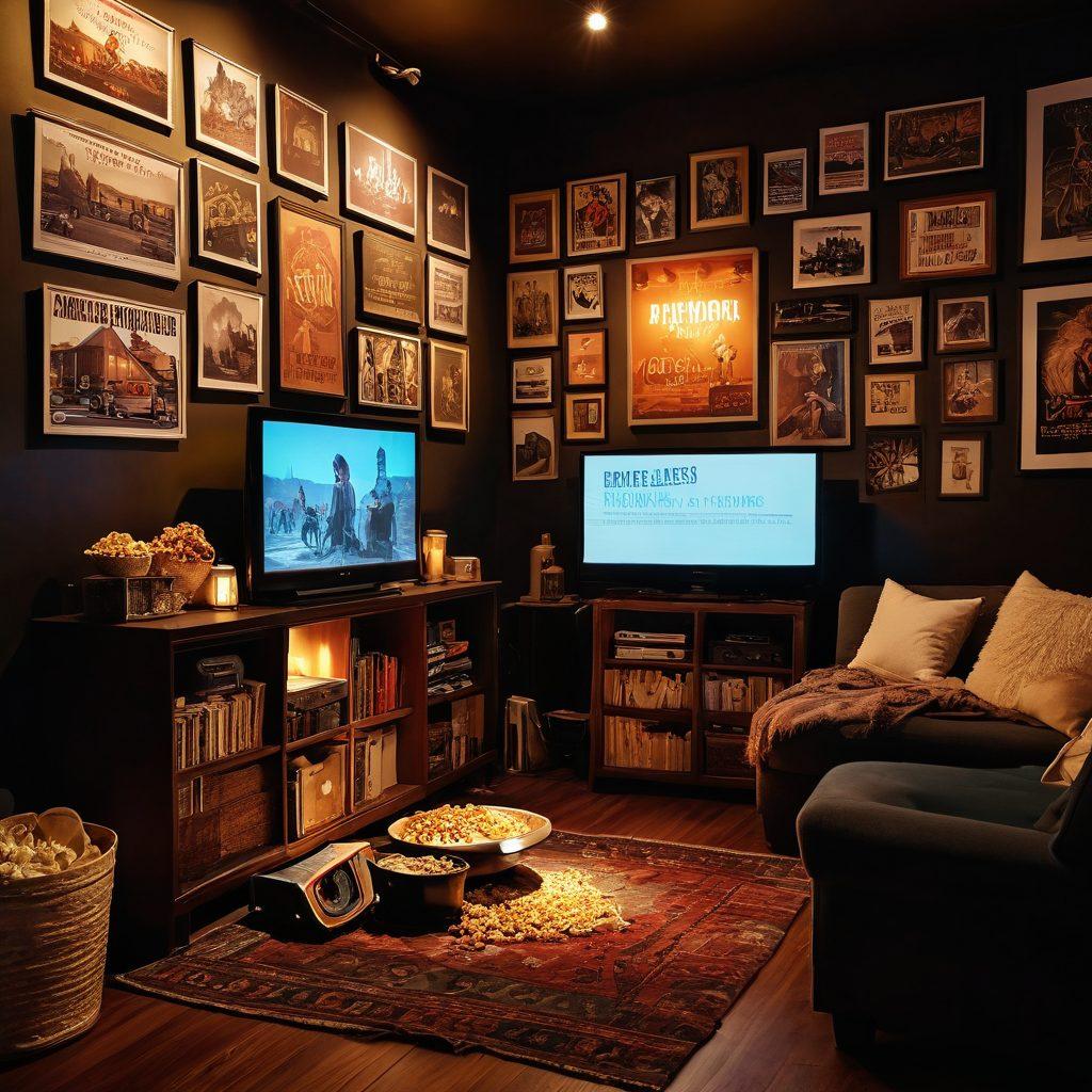 A cozy cinema setup with an eclectic mix of indie film posters lining the walls, vibrant popcorn bowls, and vintage film reels strewn about. In the foreground, a glowing projector casts a soft light onto a screen displaying a scene from an indie film, capturing the essence of alternative cinema. The atmosphere is warm and inviting, evoking a sense of nostalgia and creativity. super-realistic. warm tones. cozy ambiance.